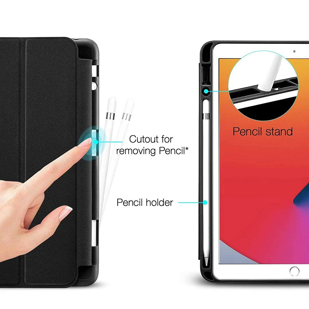 Functional  ipad cover with a dedicated Apple Pencil slot and ergonomic cutout for easy removal. Ensures secure storage and easy access