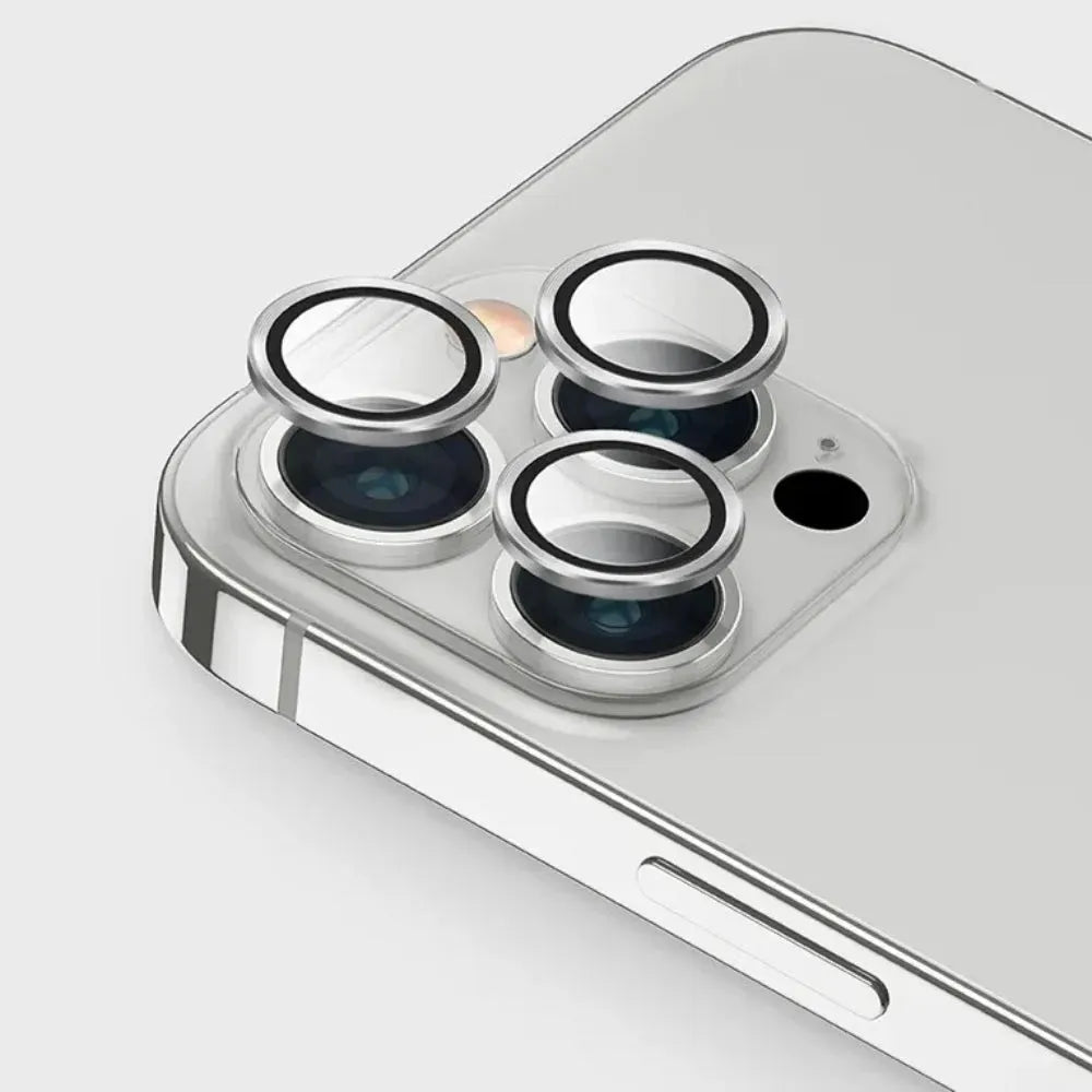 A sleek silver camera lenses for iphone designed to fit iPhone models precisely, ensuring complete protection and styl