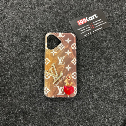 Luxurious electroplated iPhone cover with gold accented frame and bold LV embossed stone logo for standout style for iphone 16 cover