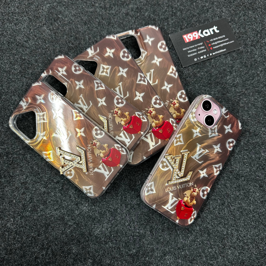 Premium glossy gold iPhone cases, iphone 16 cover featuring a gold metallic frame and LV monogram with a raised stone finish