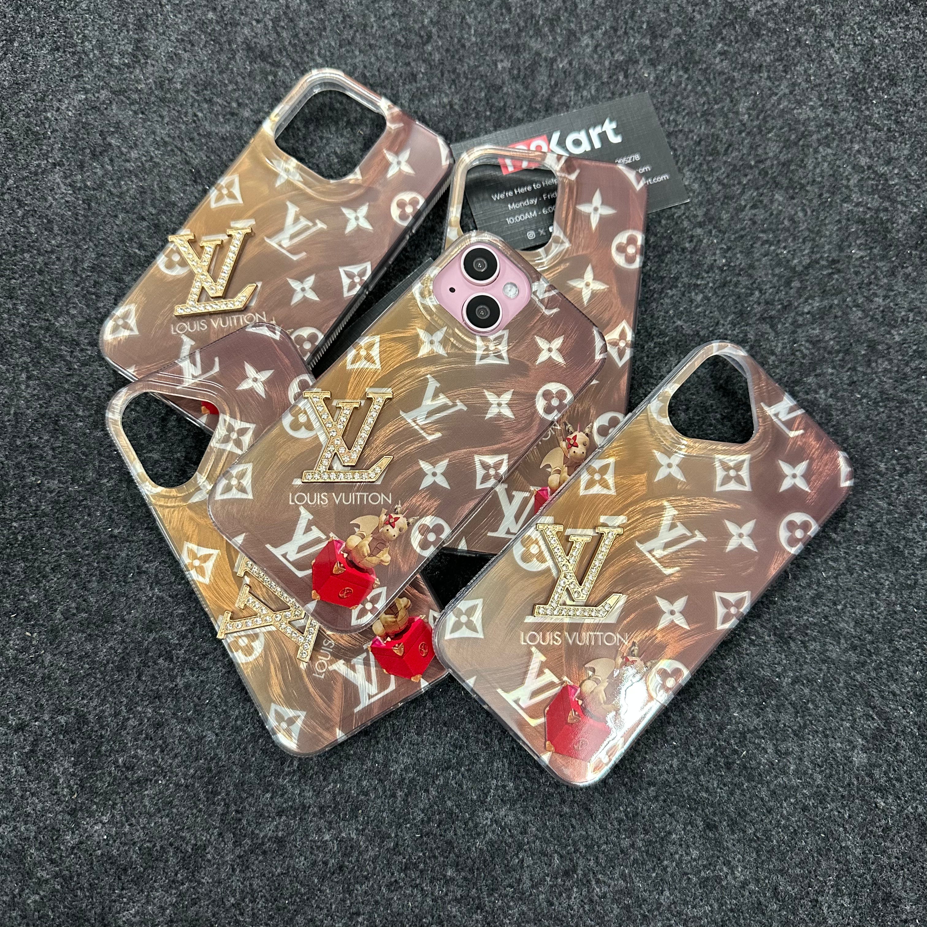  collection of 5 Designer iPhone cases with high shine electroplated edges and iconic LV logo embossed in a gold tone stone detail for iphone 16 cover