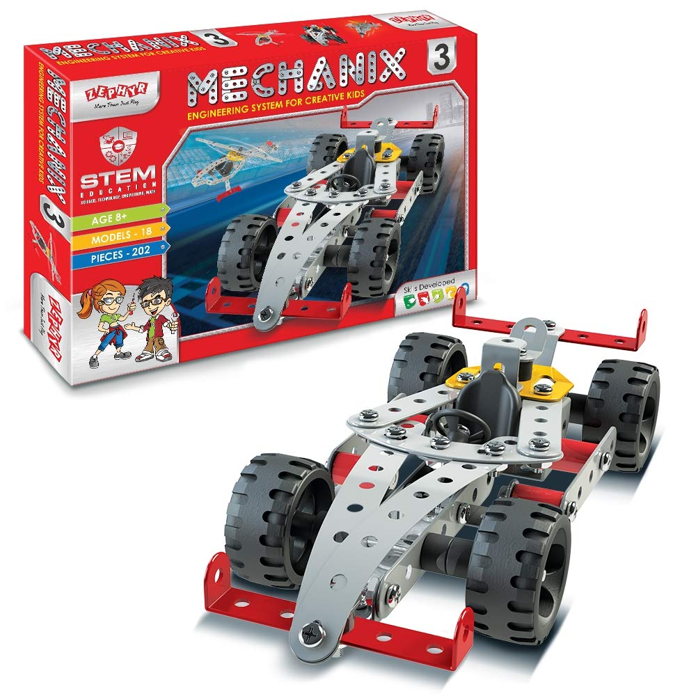  A toy car positioned next to a box of mechanical parts, showcasing tools and pieces for creative assembly