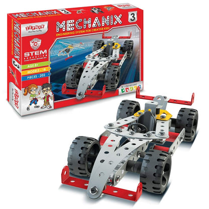  A toy car positioned next to a box of mechanical parts, showcasing tools and pieces for creative assembly