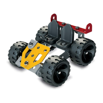 Four wheeled customizable off road vehicle model built with metal construction pieces