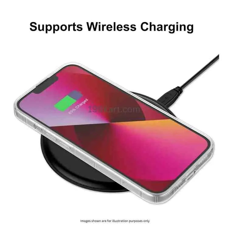 iPhone placed on wireless charger inside a transparent mobile cover supporting wireless charging for iphone 15 pro covers