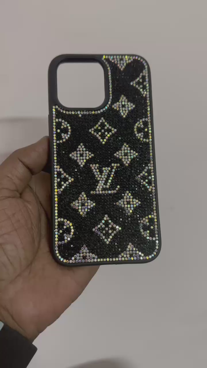 Protective yet stylish mobile case, 14 pro max cover featuring a rhinestone LV inspired design for a sophisticated look.