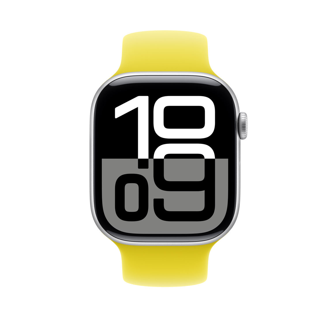 apple watch straps with a vibrant yellow silicone strap and bold digital clock display, shown from the front