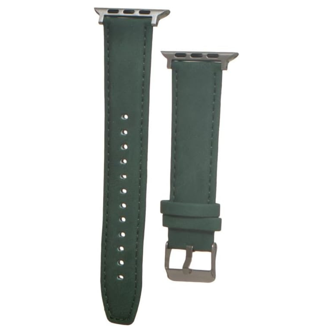 Green leather watch strap securely attached to the watch band, apple watch straps showcasing its stylish design and craftsmanship.